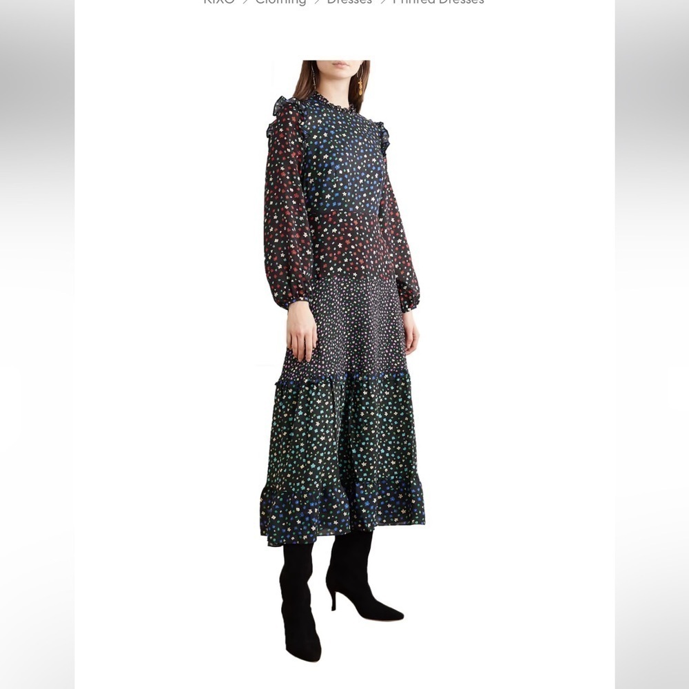 RIXO Billie Dress High Neck Long Sleeve Tiered Polka Dot Maxi